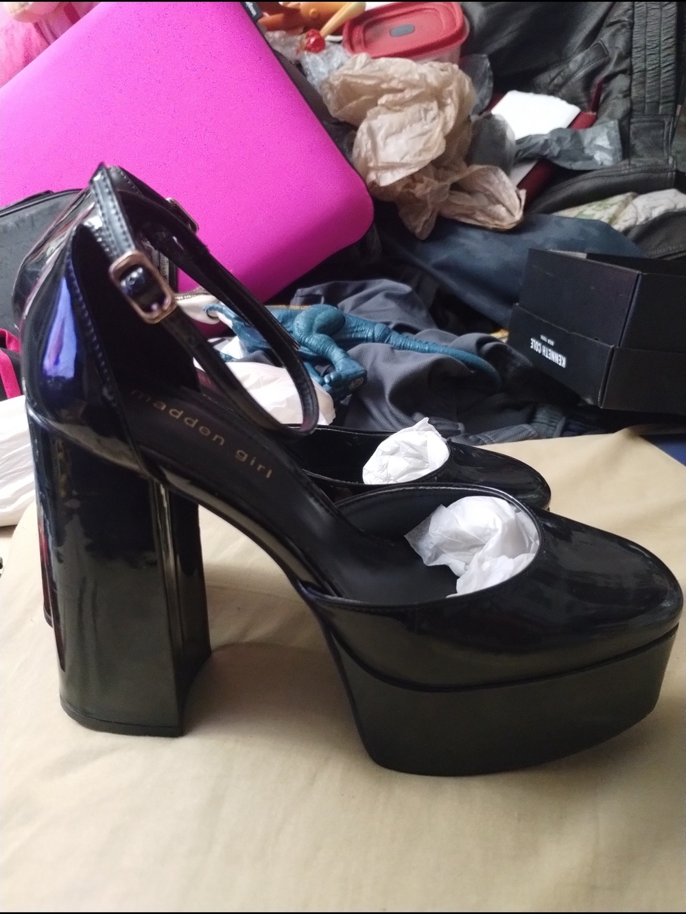Madden Girl Glossy Black Patent Platform Pumps with Ankle Strap